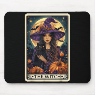 The Witch Retro Halloween Tarot Card Witch Black Mouse Pad