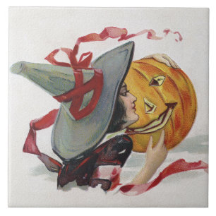 The Witch's Kiss: a Jack o Lantern on Halloween Ceramic Tile