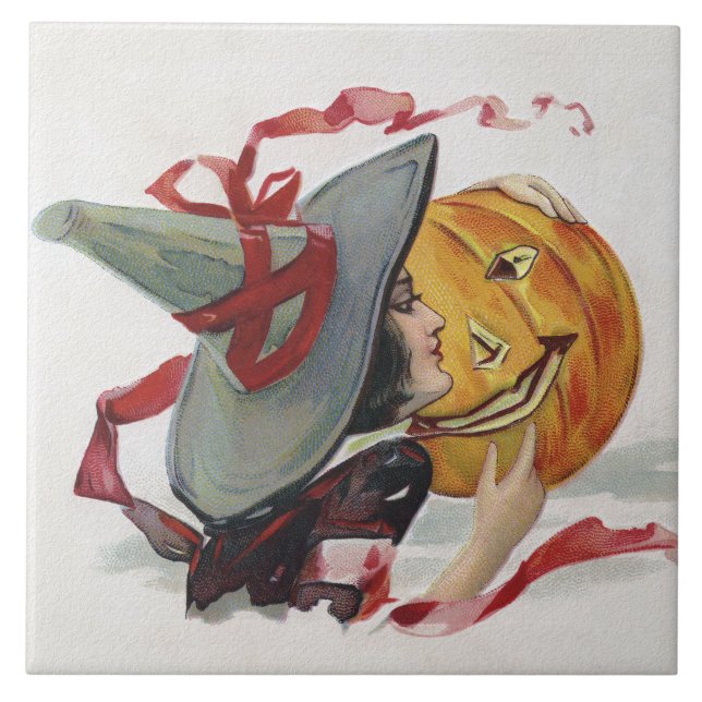 The Witch's Kiss: a Jack o Lantern on Halloween Ceramic Tile (Front)