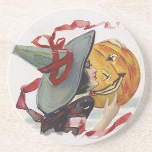 The Witch's Kiss: a Jack o Lantern on Halloween Coaster