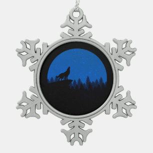 The wolf howls to the moon snowflake pewter christmas ornament