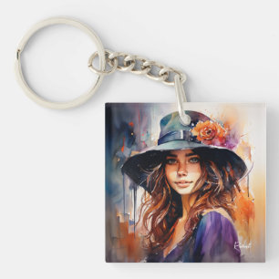 The Woman in the Hat: Portrait of Vibrant Grace Key Ring