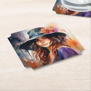 The Woman in the Hat: Portrait of Vibrant Grace Paper Coaster