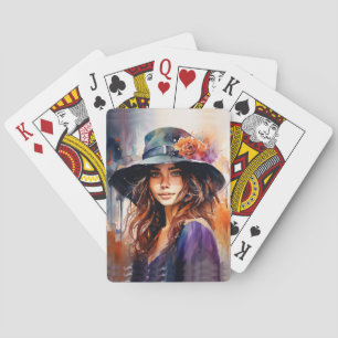 The Woman in the Hat: Portrait of Vibrant Grace Playing Cards