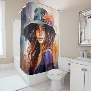 The Woman in the Hat: Portrait of Vibrant Grace Shower Curtain