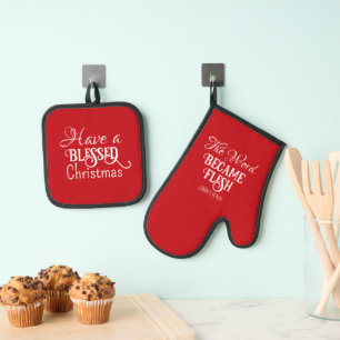 The Word Became Flesh Christmas Bible Verse Red Oven Mitt & Pot Holder Set