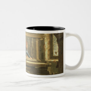 The Workshop of a Weaver, 1656 (oil on canvas) Two-Tone Coffee Mug
