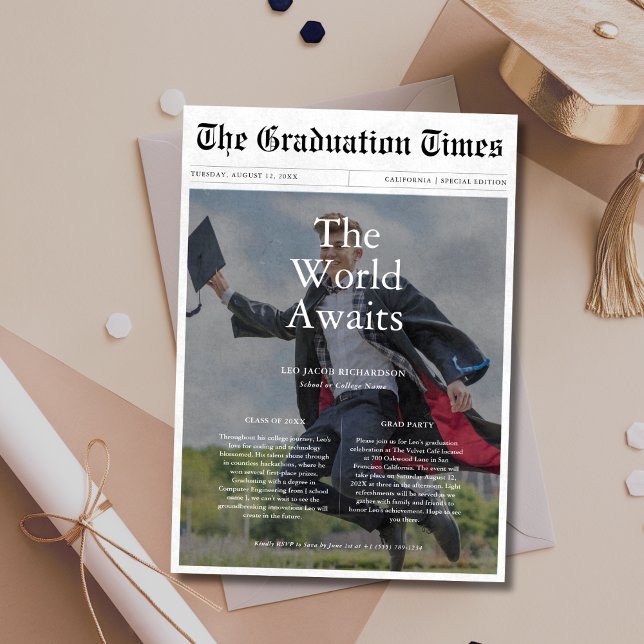 The World Awaits Budget Graduation Newspaper Photo Invitation (Creator Uploaded)