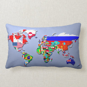 The World Map With Their Flags Lumbar Cushion