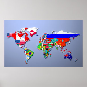 The World Map With Their Flags Poster