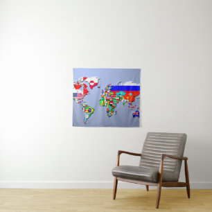 The World Map With Their Flags Tapestry