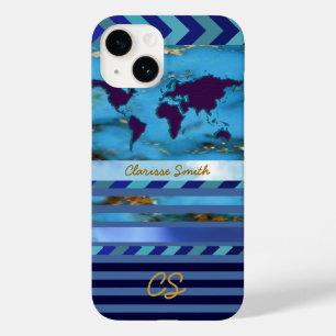 the world, stripes & name on turquoise-blue Case-Mate iPhone 14 case