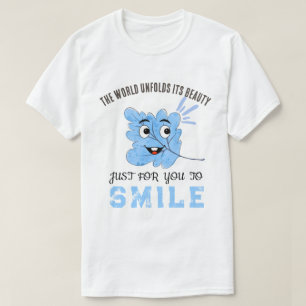 "The World Unfolds Its Beauty" Blue Smiling Leaf T-Shirt