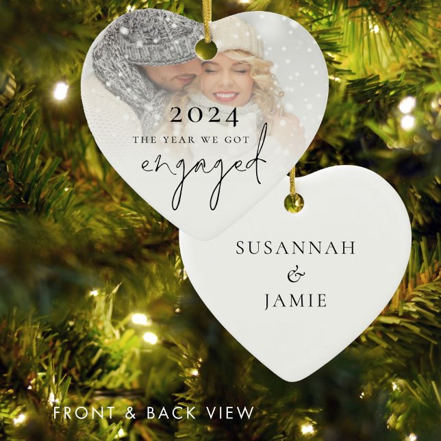 The Year We Got Engaged Photo Overlay Ceramic Ornament (Front and Back view)