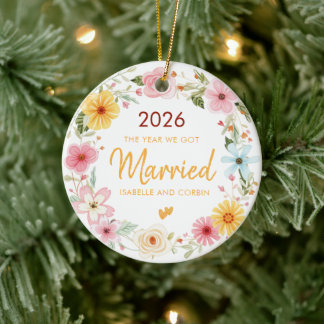 The Year We Got Engaged watercolor flower script Ceramic Ornament
