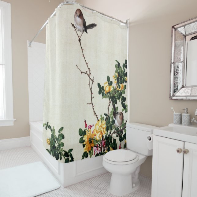The Yellow Barberry and Fish with Peony Fine Art Shower Curtain (In Situ)