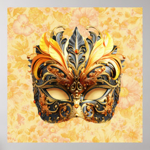 The Yellow Feather Mask on Floral Pattern Poster