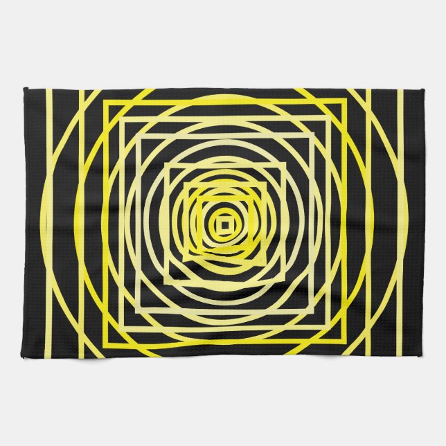 The Yellow Geometric Circle Square Black Tea Towel (Horizontal)