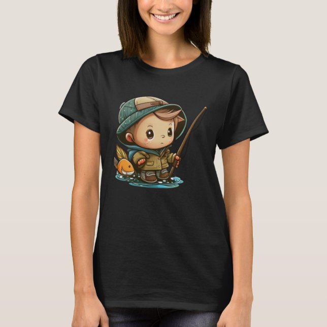 The Young Angler Cute Little Boy with Fishing Pole T-Shirt (Front)