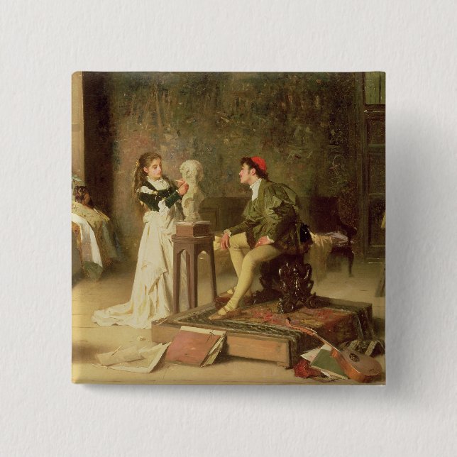 The Young Sculptress (oil on canvas) 15 Cm Square Badge (Front)