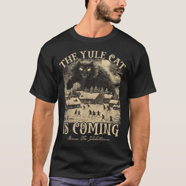 The Yule Cat Is Coming Icelandic Christmas Cat Mom T-Shirt (Front)