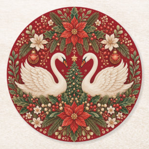 The Yuletide Swans' Embrace Round Paper Coaster