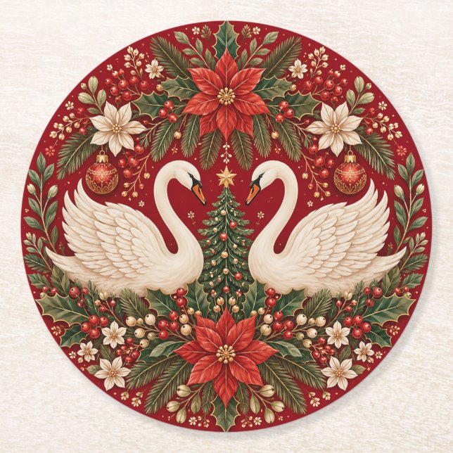 The Yuletide Swans' Embrace Round Paper Coaster (Front)