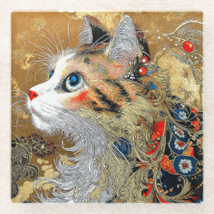 The Zen Cat Vintage Japanese Ukiyo-e Glass Coaster