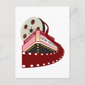 theatre cinema building with film reel rolling out postcard