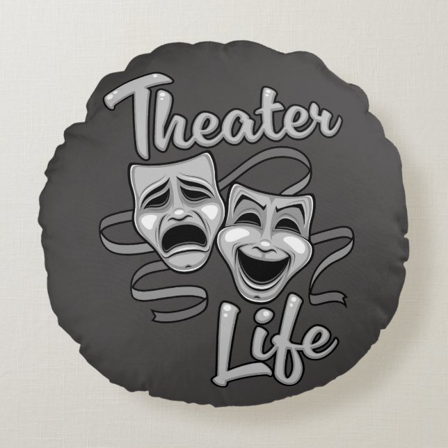 Theatre Life Comedy and Tragedy Masks Round Cushion (Front)