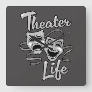 Theatre Life Comedy and Tragedy Masks Square Wall Clock