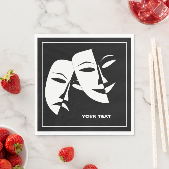 Theatre Mask Comedy Tragedy Black White Custom Napkin (Insitu)