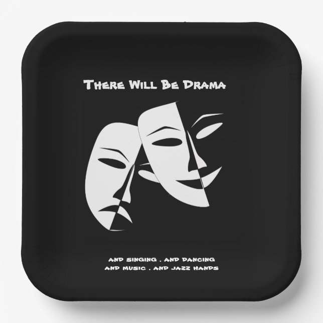 Theatre Mask Comedy Tragedy Black White Drama 9" Paper Plate (Front)