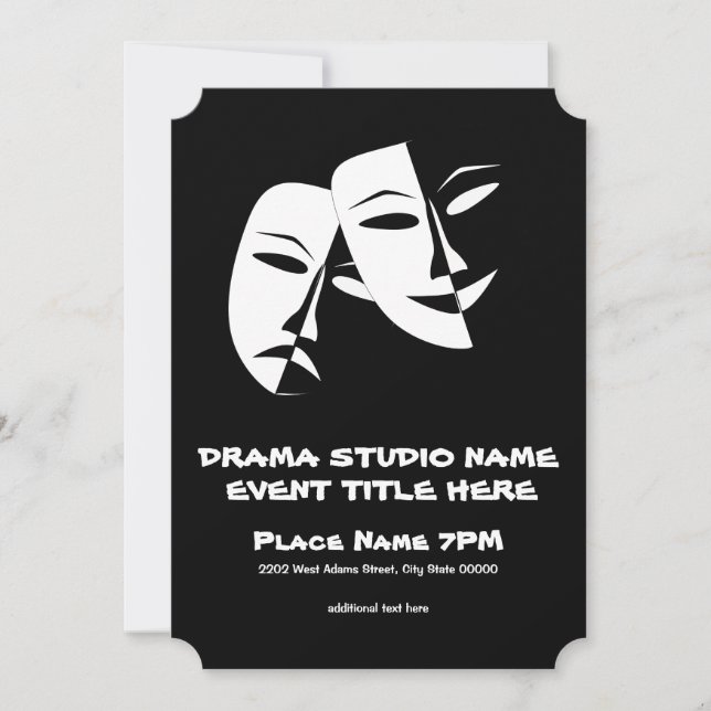Theatre Mask Comedy Tragedy Black White Event Invitation (Front)