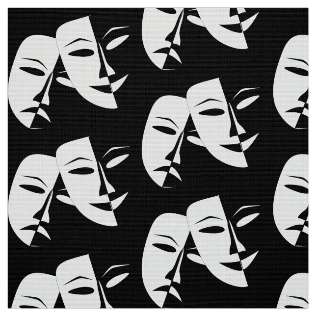 Theatre Mask Comedy Tragedy Black Whitw Fabric (Swatch)