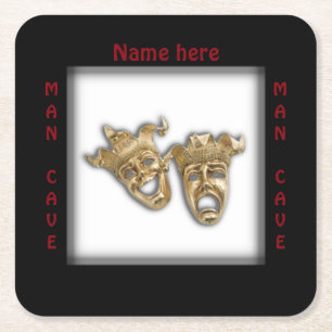 Theatre Masks Man Cave Name Square Paper Coaster