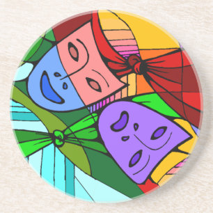 Theatrical masks colourful stained glass coaster