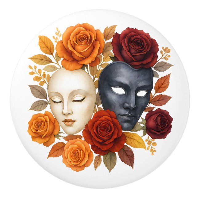Theatrical Masks  Roses Carnival Dramatic Artistic Ceramic Knob (Front)