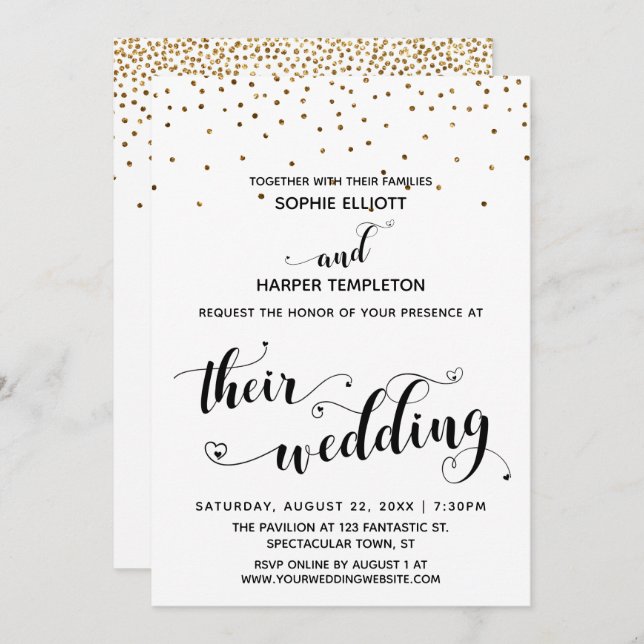 Their Wedding Calligraphy w/ Hearts, Gold Confetti Invitation (Front/Back)