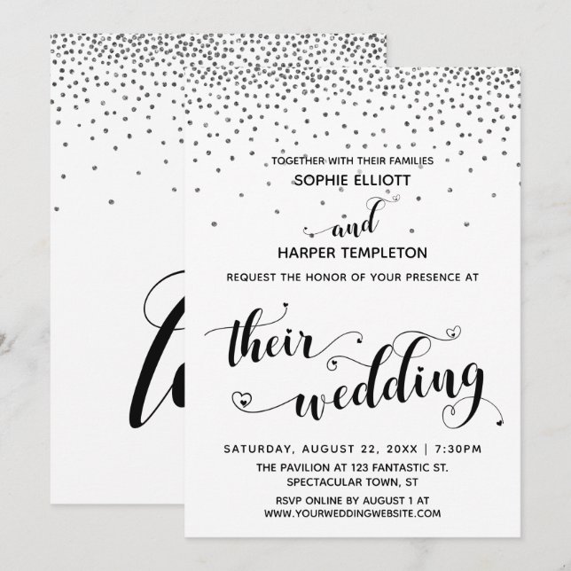 Their Wedding Hearts Script Silver Confetti Invitation (Front/Back)