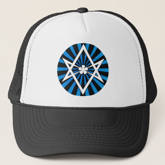 Thelema Unicursal Hexagram Blue Sunburst Trucker Hat (Front)