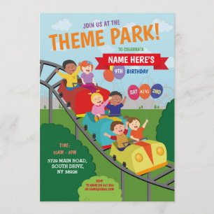 Theme Park Rollercoaster Rides Birthday Party Invitation