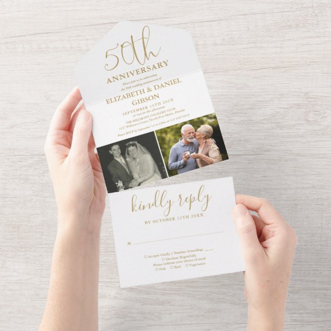 Then And Now 2 Photo 50th Wedding Anniversary Gold All In One Invitation (Tearaway)