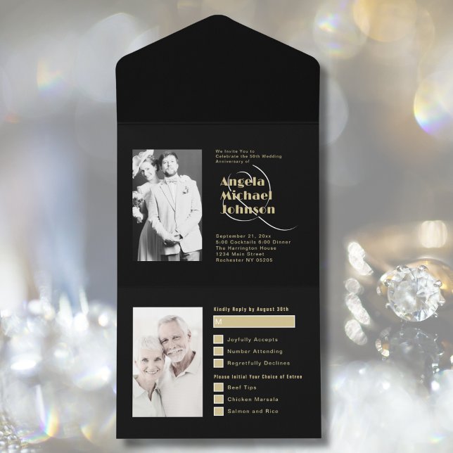 Then and Now Black Gold 50th Wedding Anniversary All In One Invitation (Creator Uploaded)