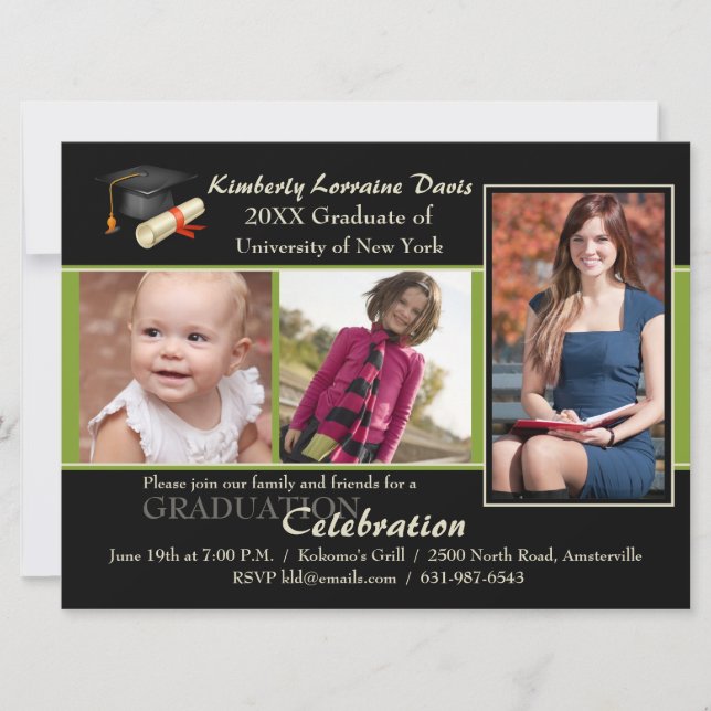 Then and Now Green Photo Graduation Invitation (Front)