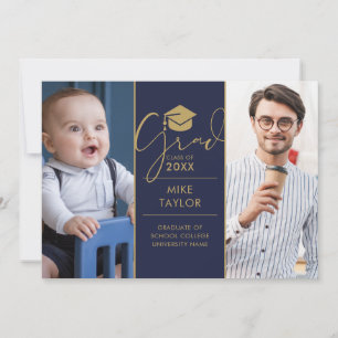 Then And Now Navy Gold 2 Photo Graduation Party Invitation