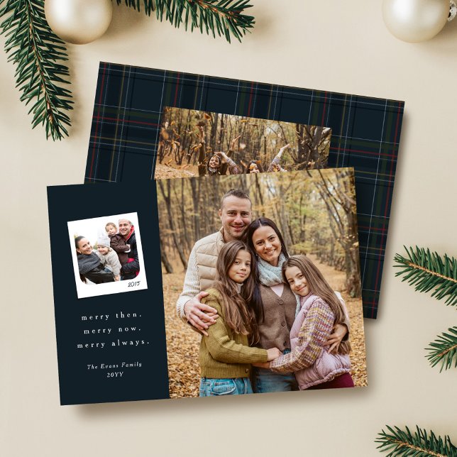 Then and now photos navy plaid Merry Christmas Holiday Card (Creator Uploaded)