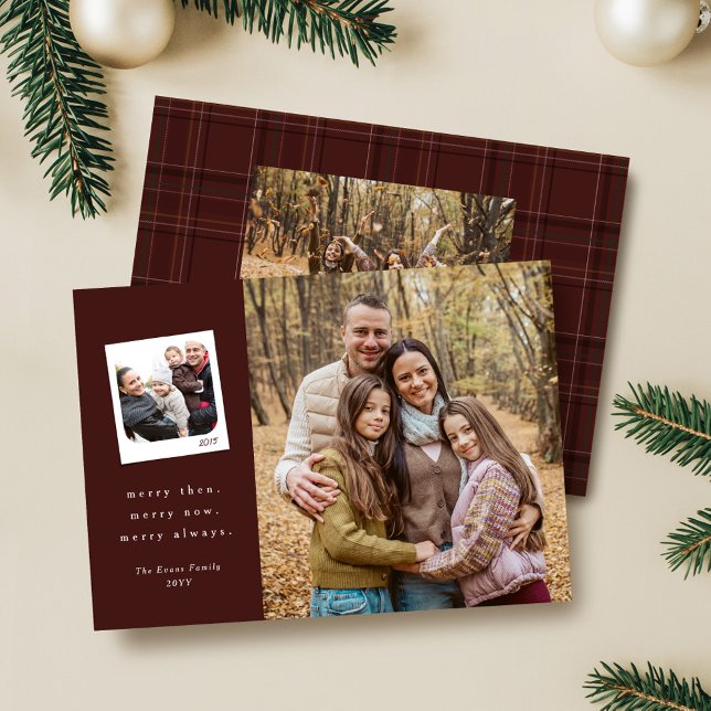 Then and now three photo maroon Merry Christmas Holiday Card (Creator Uploaded)