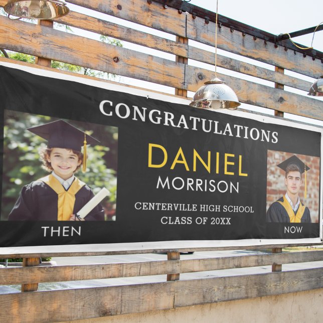 Then & Now Black Gold Photo Graduate Graduation Banner (Creator Uploaded)