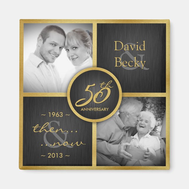 Then & Now Elegant Black and Gold 50th Wedding Magnet (Front)